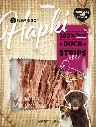Hondensnack – Flamingo Hapki Strips met eend 400g – gezonde hondensnoepjes – eiwitrijk & vetarm by Flamingo – product photo 1 of 2
