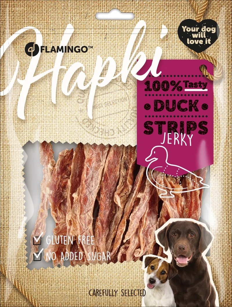 Hondensnack – Flamingo Hapki Strips met eend 400g – gezonde hondensnoepjes – eiwitrijk & vetarm by Flamingo – product photo 1 of 2