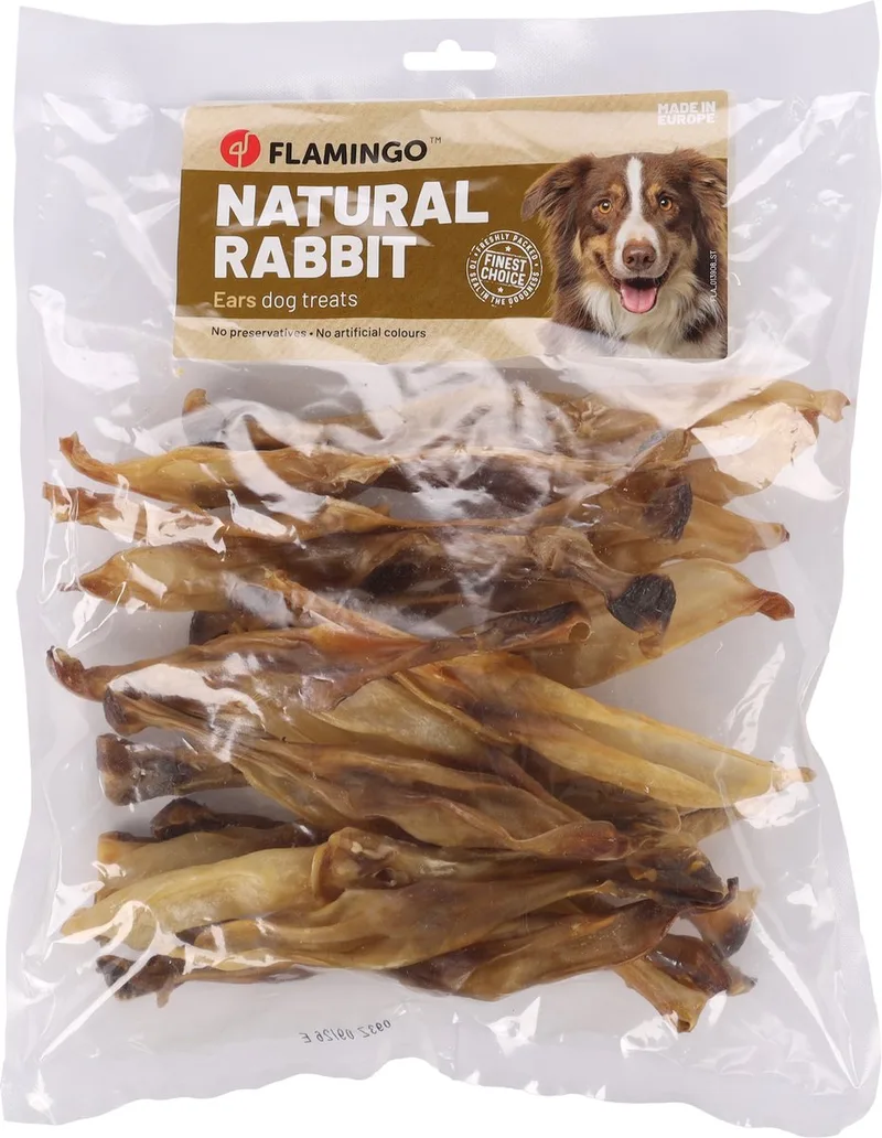 Hondensnack – Flamingo Nature Konijnenoor 200g – natuurlijke hondensnoepjes zonder toevoegingen – glutenvrije honden snacks by Flamingo – product photo