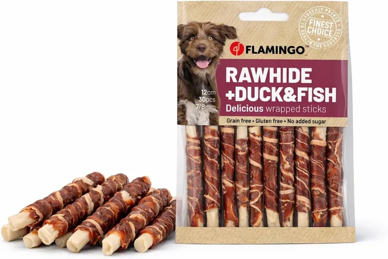 Hondensnack – Flamingo R’Hide Staaf met eend & kabeljauw – 12 cm – Ø 7 mm – kauwsnack – glutenvrij & graanvrij – zonder toegevoegde suikers – 350 g (30 stuks) von Flamingo – Produktfoto
