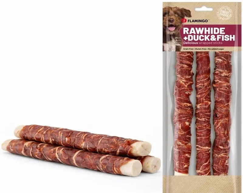 Hondensnack – Flamingo R’Hide Staaf met eend & kabeljauw – 28 cm – kauwsnack – glutenvrij & graanvrij – zonder toegevoegde suikers – 280 g (3 stuks) by Flamingo – product photo