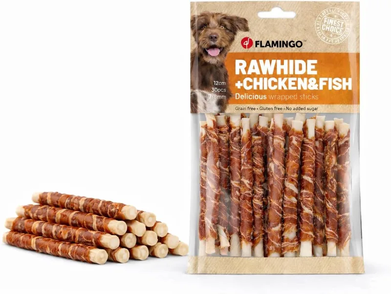 Hondensnack – Flamingo R’Hide Staaf met kip & kabeljauw – 12 cm – Ø 7 mm – kauwsnack – glutenvrij & graanvrij – zonder toegevoegde suikers – 350 g (30 stuks) by Flamingo – product photo