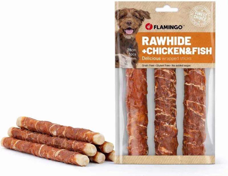 Hondensnack – Flamingo R’Hide Staaf met kip & kabeljauw – 28 cm – Ø 2 cm – kauwsnack – glutenvrij & graanvrij – zonder toegevoegde suikers – 280 g (3 stuks) de Flamingo – photo produit