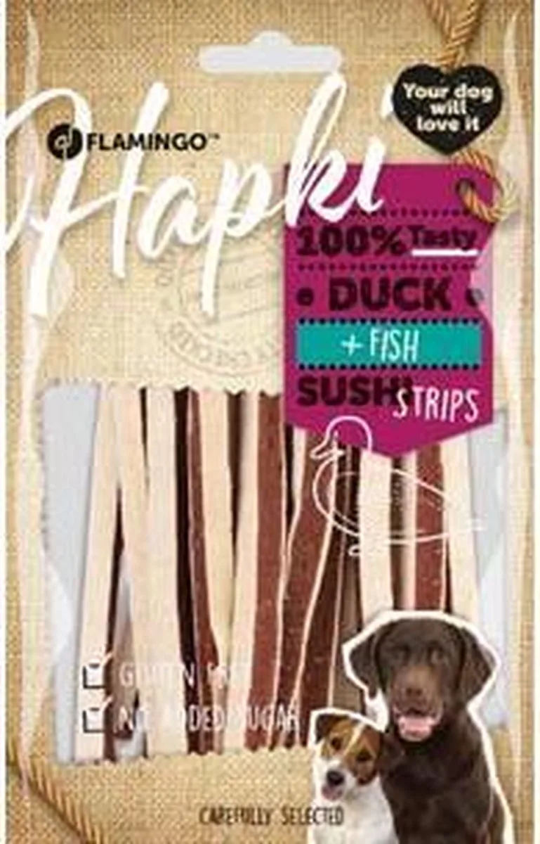 hondensnack Hapki duck & fish sushi strips 85gr. Let op: 1 zakje van 85 gram! från Flamingo – produktbild