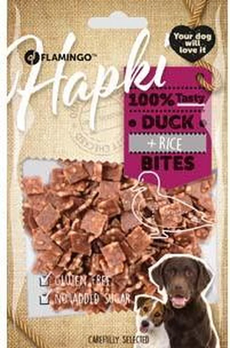 hondensnack Hapki duck & rice bites 85gr. Let op: 1 zakje van 85 gram! by Flamingo – product photo