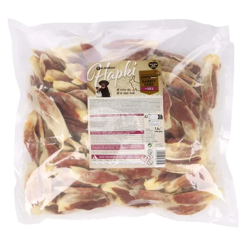 hondensnack – Hapki Konijnenoren met eend – glutenvrij – zonder toegevoegde suikers – 10 cm – 1,6 kg – 140 stuks fra Flamingo – produktbillede 2 af 2