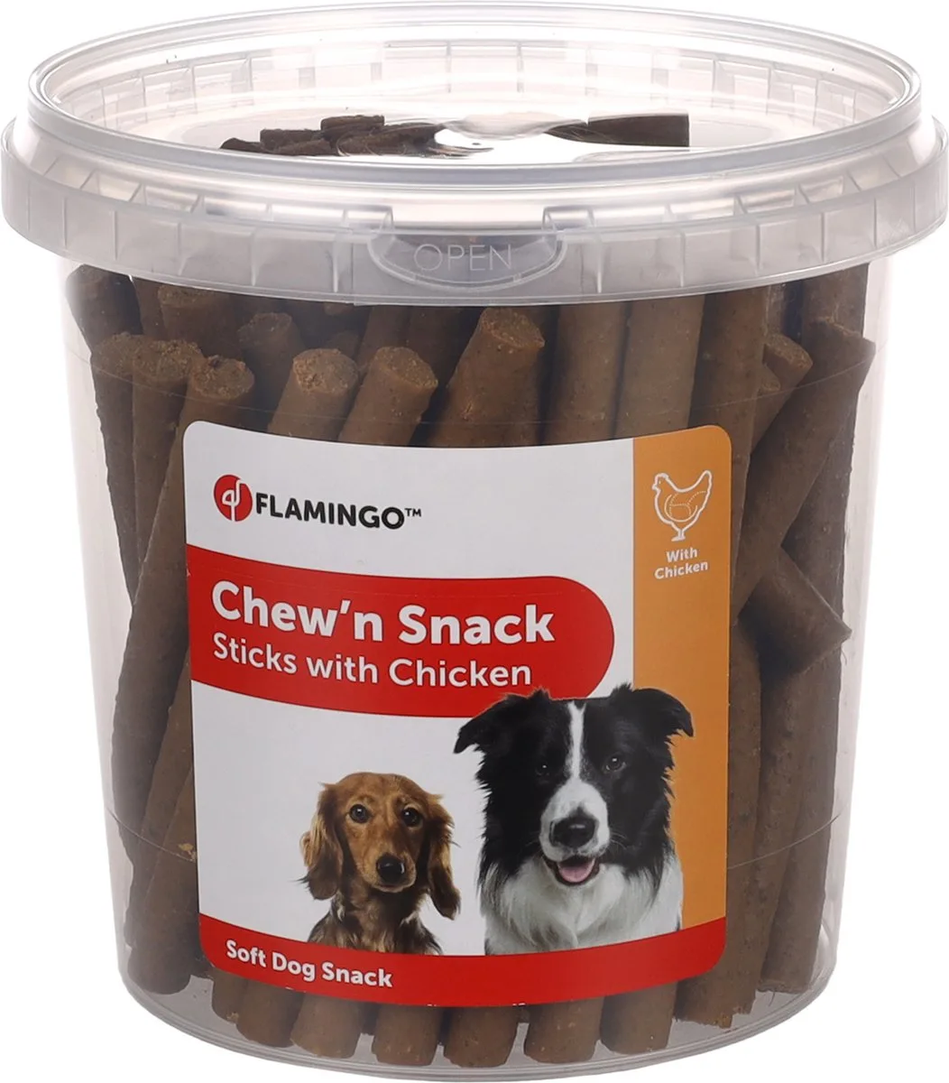 Hondensnack – kauwstok met kip – hondensnacks – honden snacks – hondensnoepjes – zonder toegevoegde suikers – 700g bewaaremmer från Flamingo – produktbild