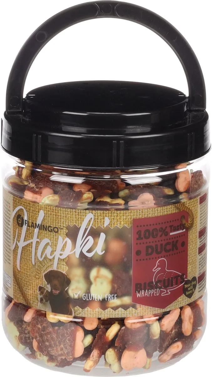 Hondensnack - koekjes met eend – hondensnacks – honden snacks – hondensnoepjes – glutenvrij – zonder toegevoegde suikers – 550g bewaaremmer de Flamingo – photo produit