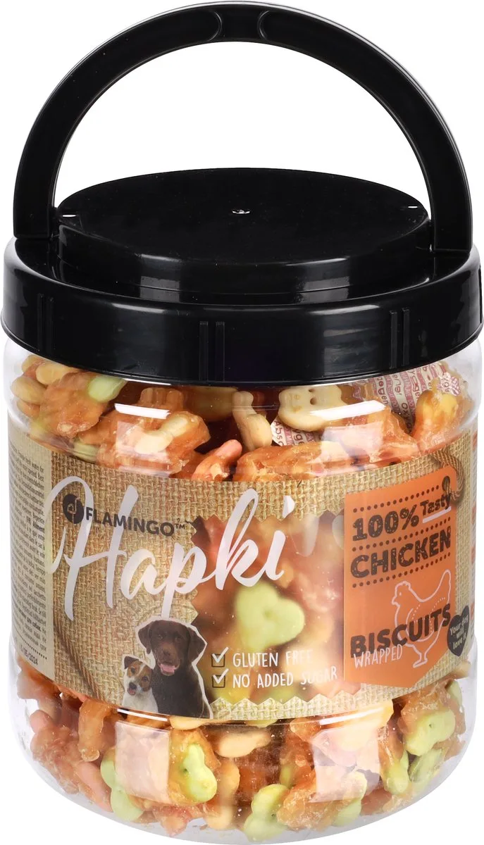 Hondensnack – koekjes met kip – hondensnacks – honden snacks – hondensnoepjes – glutenvrij – zonder toegevoegde suikers – 550g bewaaremmer by Flamingo – product photo
