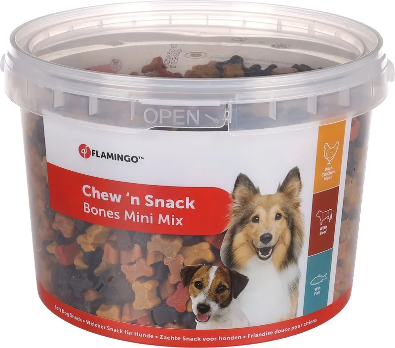 Hondensnack – koekjes met kip & rund & vis – hondensnacks – honden snacks – hondensnoepjes – zonder toegevoegde suikers – 1,8kg bewaaremmer de Flamingo – photo produit