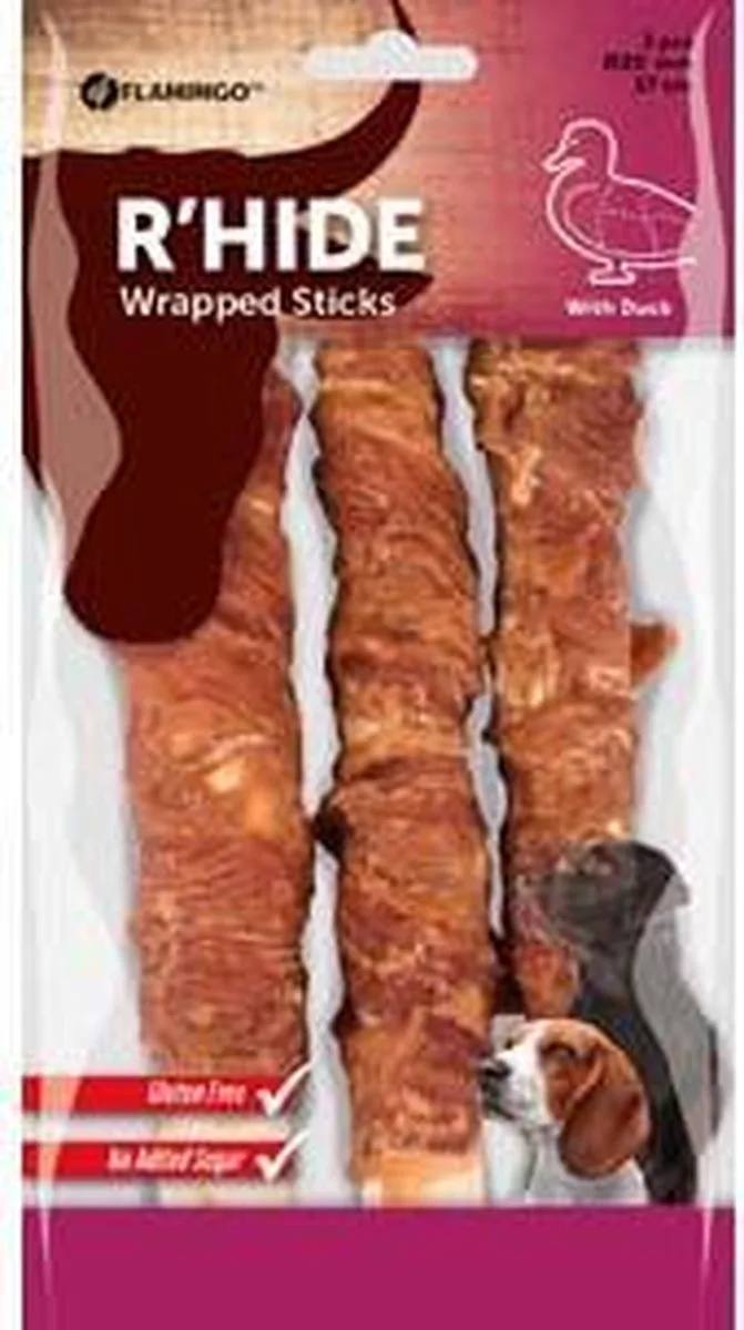 hondensnack R'hide duck wrapped stick 20mm 17cm 3st 155gr. Let op: 1 zakje met 3 stuks! by Flamingo – product photo