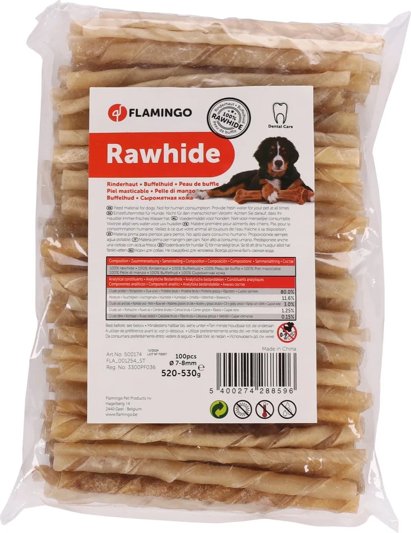 Hondensnack – R'Hide sigaretjes 12cm – hondensnacks – honden snacks – hondensnoepjes – glutenvrij – zonder toegevoegde suikers – 100 stuks – 530g de Flamingo – photo produit