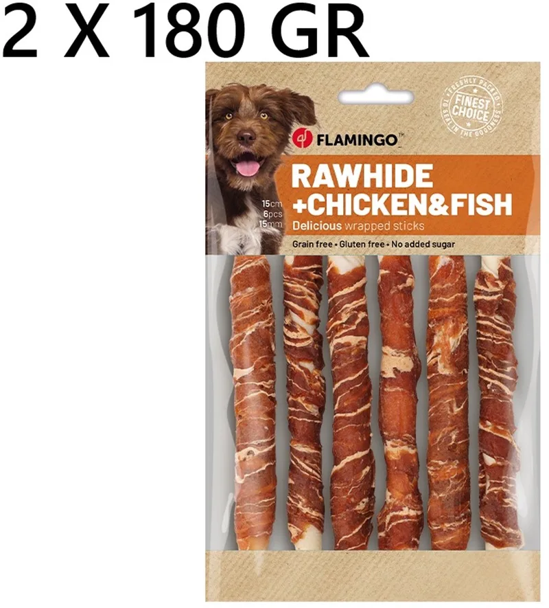 hondensnack - rawhide met kip en vis - 180 gr - 6 st -15cm x 15mm- ***2 X** = 360 gr -12 st -- glutenvrij - graan vrij - geen toegevoegde suiker by Flamingo – product photo