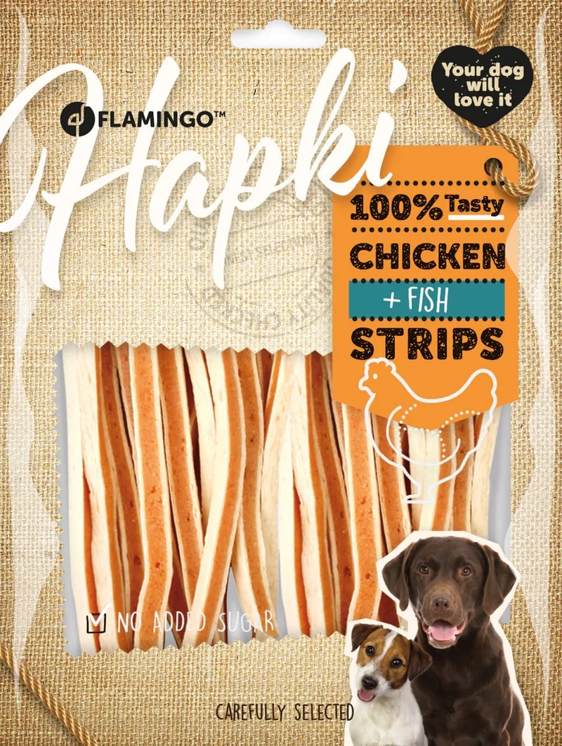Hondensnack – strips met kip & vis – hondensnacks – honden snacks – hondensnoepjes – glutenvrij – zonder toegevoegde suikers – 400g by Flamingo – product photo