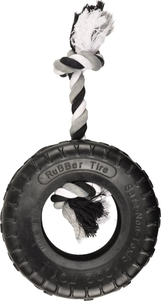 hondenspeelgoed – Gladiator Band & Touw Zwart 35cm – kauwspeeltje met flostouw en knopen – sterk rubber speelgoed voor honden van Flamingo in Zwart8 – productfoto