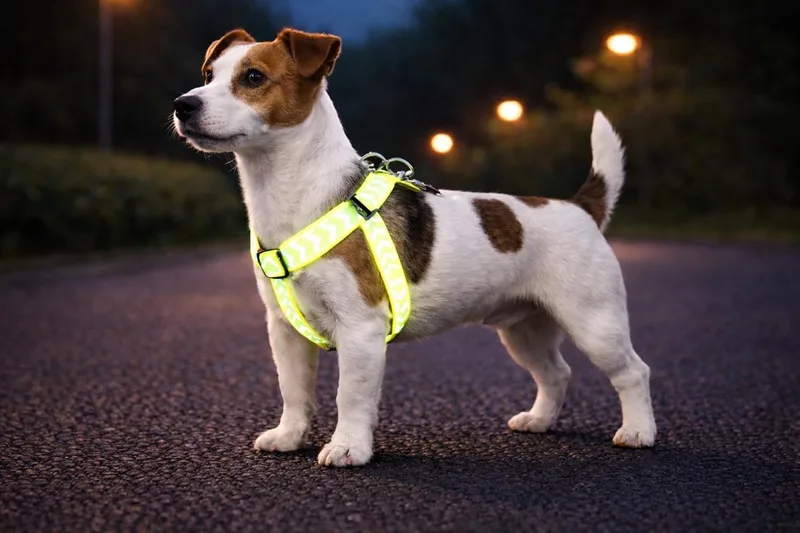 Hondentuig – hondenharnas – Step&Go Fergu Fluo S – 25–45 cm – 15 mm breed – nylon – reflecterend – traploos verstelbaar – met trekontlasting de Flamingo en Jaune – photo produit