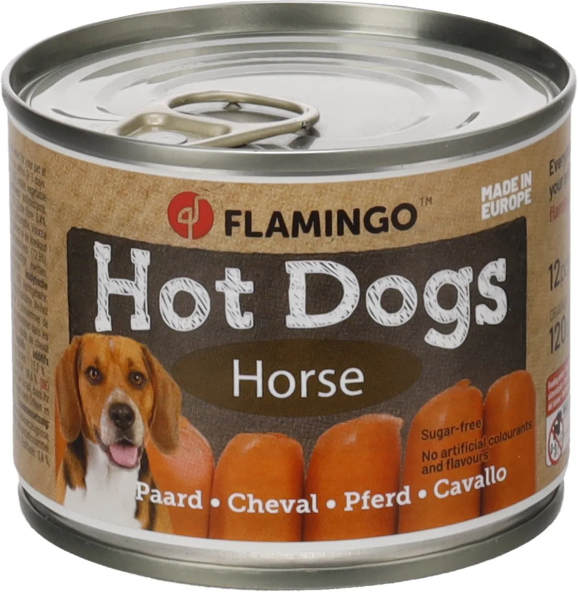 Hotdogs - 4 blikjes - hotdogs voor de hond - kip, paard, rund en konijn - 4x120 gram von Flamingo – Produktfoto