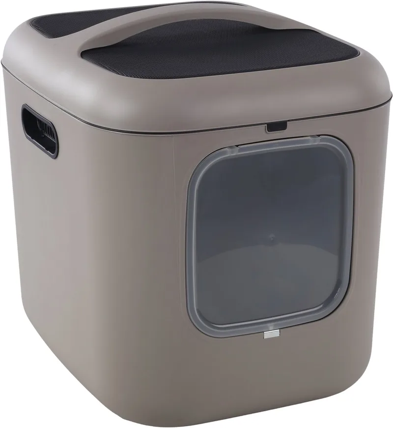 Kattenbak – design line XXL – Flamingo Romy – 61,5x50x57,5 cm – extra ruim – gerecycleerde kunststof – met magnetische deur & koolfilter – makkelijk schoon te maken – voor grote katten de Flamingo en Taupe – photo produit