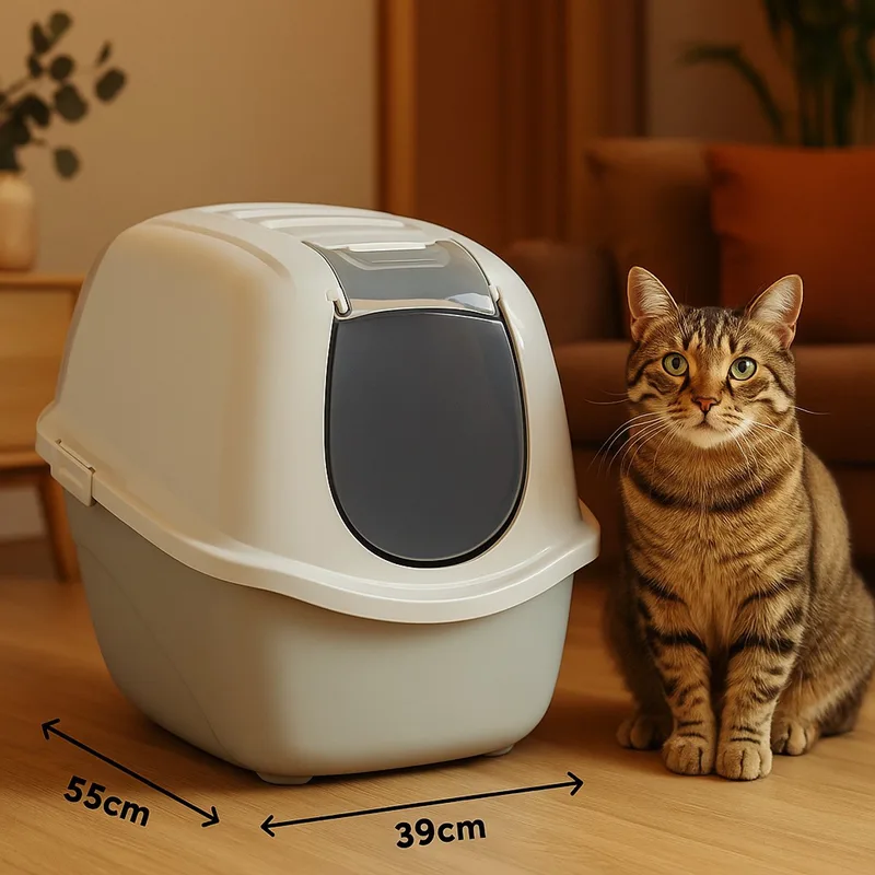Kattenbak – Flamingo Trini – maat L – 39x55x41 cm – katten toilet met deksel & koolfilter – geurvrij & recycleerbaar – gemaakt in Europa de Flamingo en Taupe – photo produit