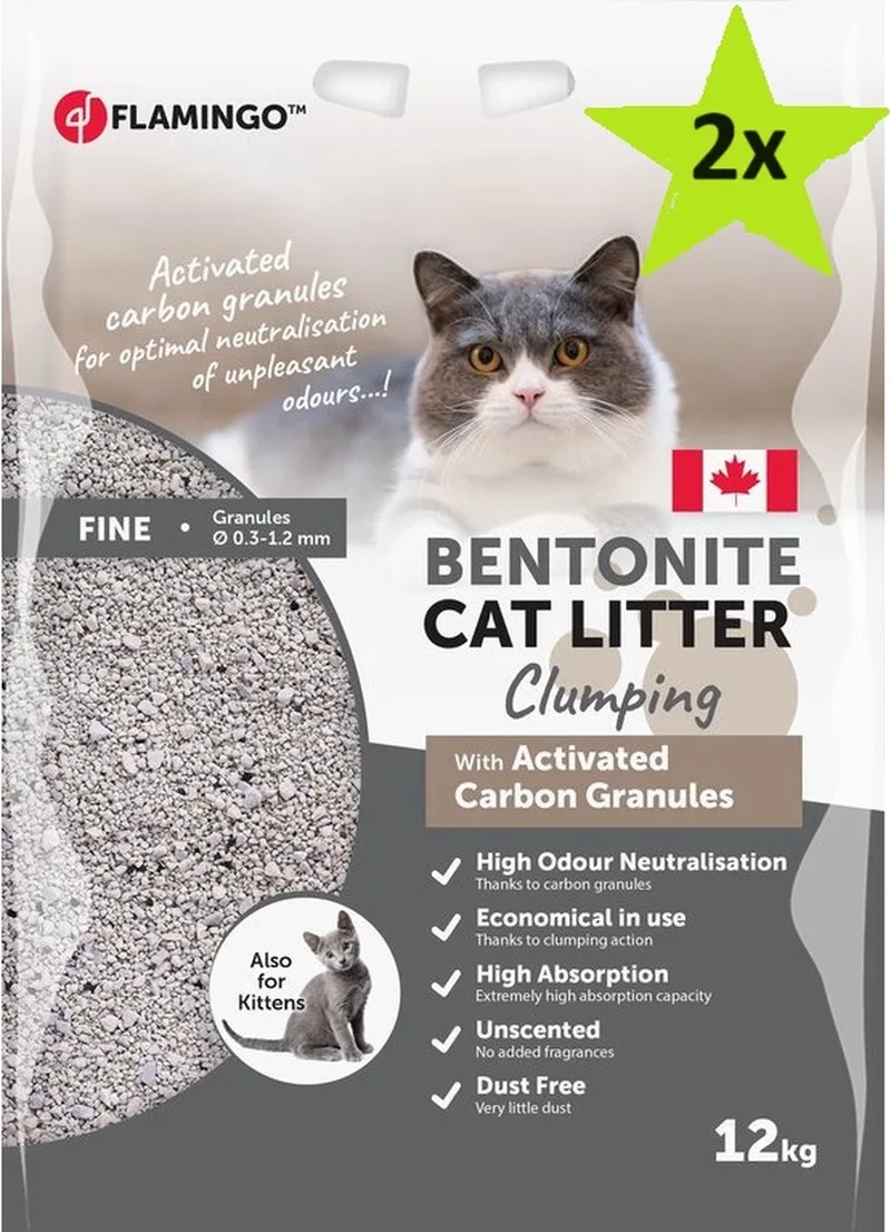 Kattenbakvulling - Bentoniet met actieve koolgranulaat - Fijne korrels Klonterend - Geschikt voor kittens - 2 x 12 kg de Flamingo – photo produit