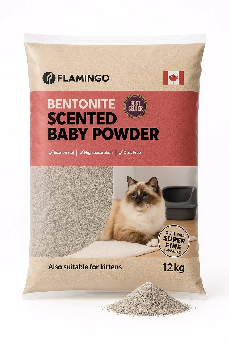 Kattenbakvulling Bentoniet met Babypoeder – 12 KG - Super Absorberend, Stofarm, Heerlijke Babypoedergeur, Ook Geschikt voor Kittens – Uit Canada by Flamingo – product photo