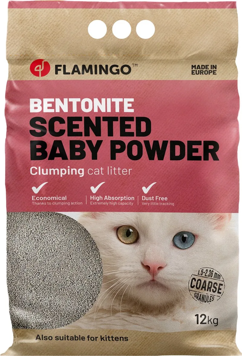 Kattenbakvulling Bentoniet met Babypoeder – Grove Korrels, Klonterend, 12 KG voor 10 Weken, Super Absorberend, Stofarm, Heerlijke Babypoedergeur – Uit Europa by Flamingo – product photo
