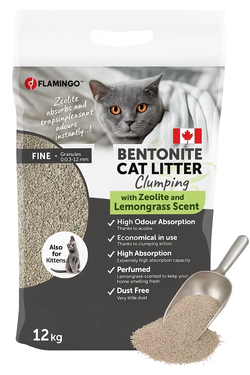 Kattenbakvulling – klontvormende kattenbakvulling – Citroengrasgeur – 12L (12KG) voor 10 weken – groene zeoliet voor ultrasnelle geurbestrijding – ideaal voor 1 of meerdere katten – Premium Line by Flamingo – product photo