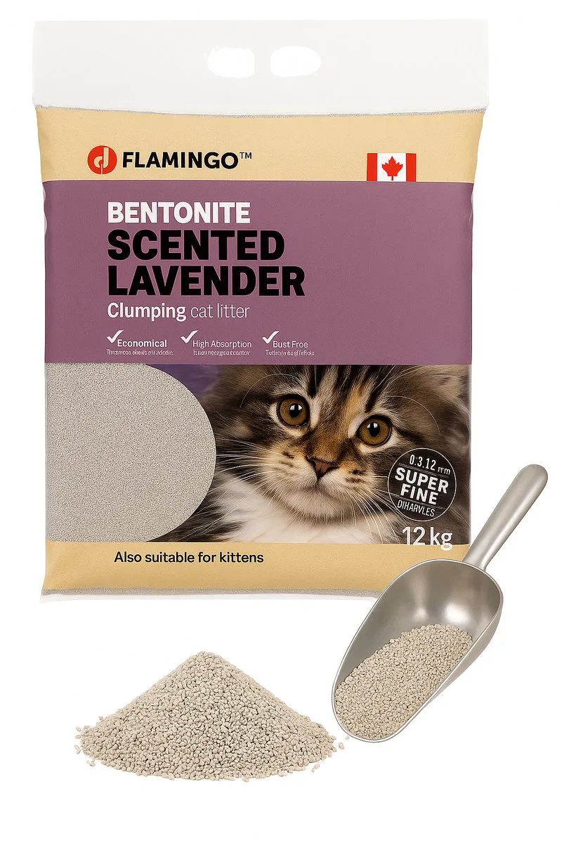 Kattenbakvulling – klontvormende kattenbakvulling – Lavendelgeur – 12L (12KG) voor 10 weken – Premium Line – fijne bentonietkorrels – geurabsorberend & stofarm – ook geschikt voor kittens von Flamingo – Produktfoto