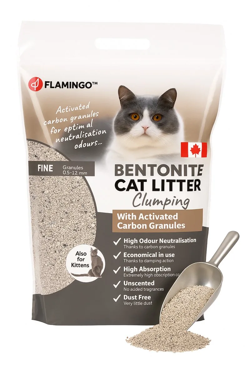 Kattenbakvulling – klontvormende kattenbakvulling – met actieve koolgranulaat – fijne korrels – geurloos & stofarm – 12L (12KG) – Premium Line – geschikt voor kittens – sterke geurabsorptie de Flamingo – photo produit