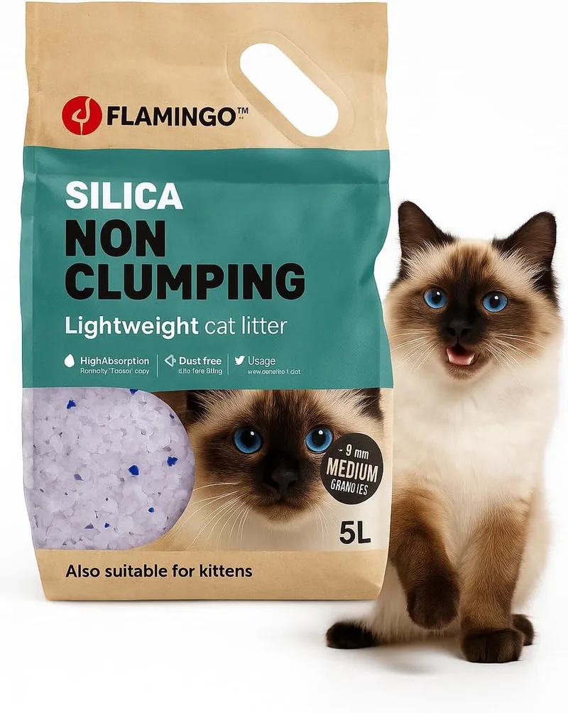 Kattenbakvulling Silica – 5L (6 weken) – topkwaliteit silica korrels – geurloos & stofvrij – supersnelle geurneutralisatie – super lichtgewicht – perfect voor 1 of meerdere katten by Flamingo – product photo
