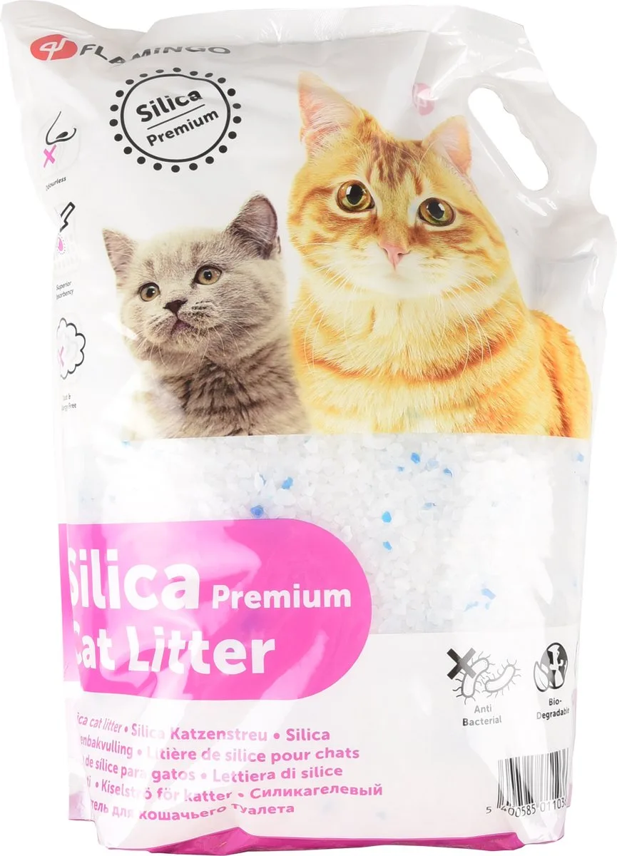 Kattenbakvulling Silica – Grove Korrels, 10L voor 12 Weken, Super Absorberend, Stofarm, Ideaal voor Katten van Flamingo – productfoto