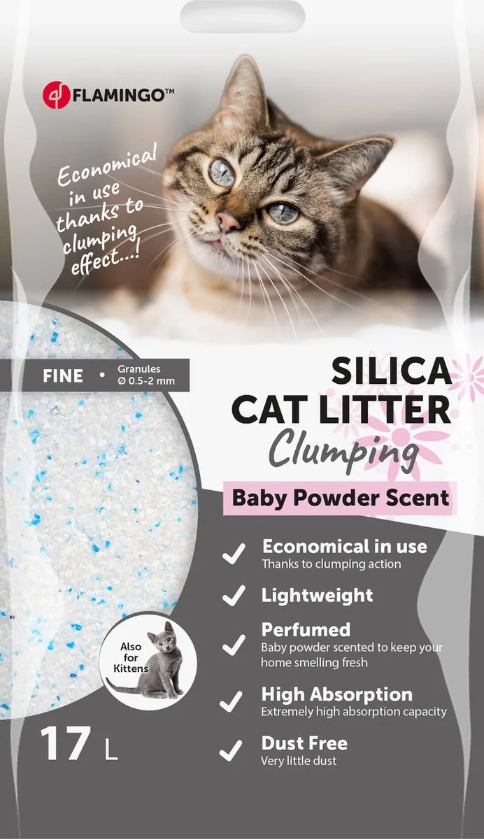 Kattenbakvulling Silica met Babypoeder – 15L voor 20 Weken, Lichtgewicht, Fijne Korrels, Klonterend, Babypoedergeur de Flamingo – photo produit