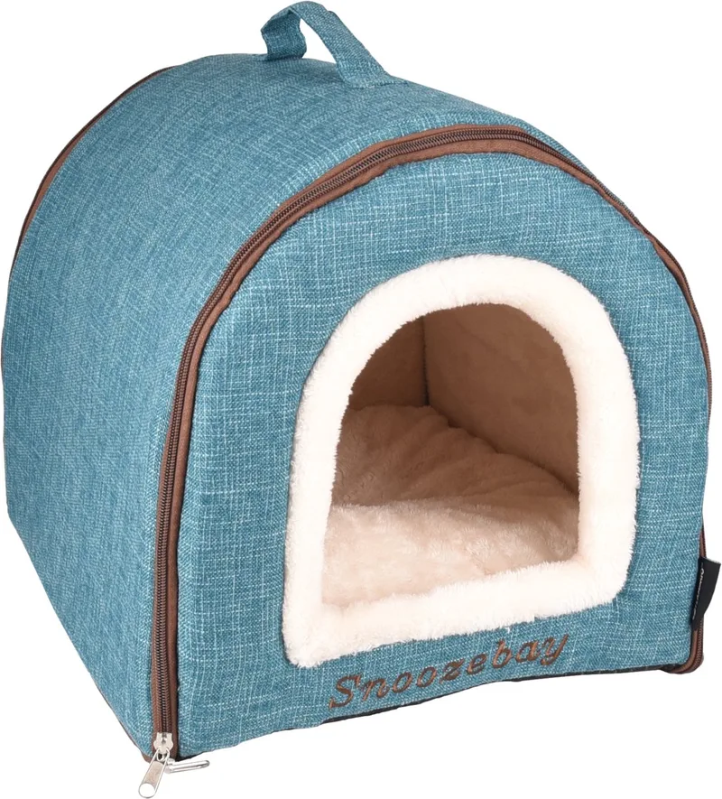Kattenbed – katten slaapmand – kattenhuis – kattenhol – Cat cave – Blauw/Crème/Bruin, 45 x 35 x 35 cm – Flamingo Slaapplaats Snoozebay de Flamingo en Bleu – photo produit