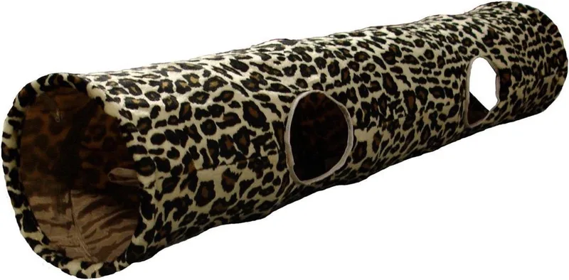 Kattentunnel – Leopard katten tunnel met bal – 130x25cm – opvouwbaar met 4 ingangen en knispergeluid de Flamingo en Bruin1 – photo produit