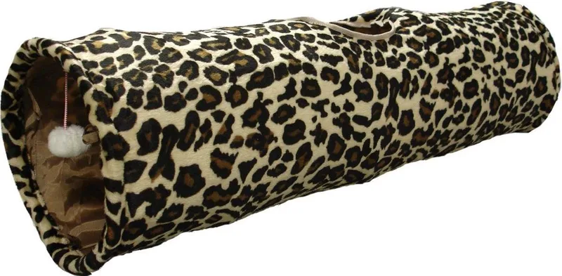 Kattentunnel – Leopard katten tunnel met bal – 90x25cm – opvouwbaar met 3 ingangen en knispergeluid von Flamingo in Bruin2 – Produktfoto