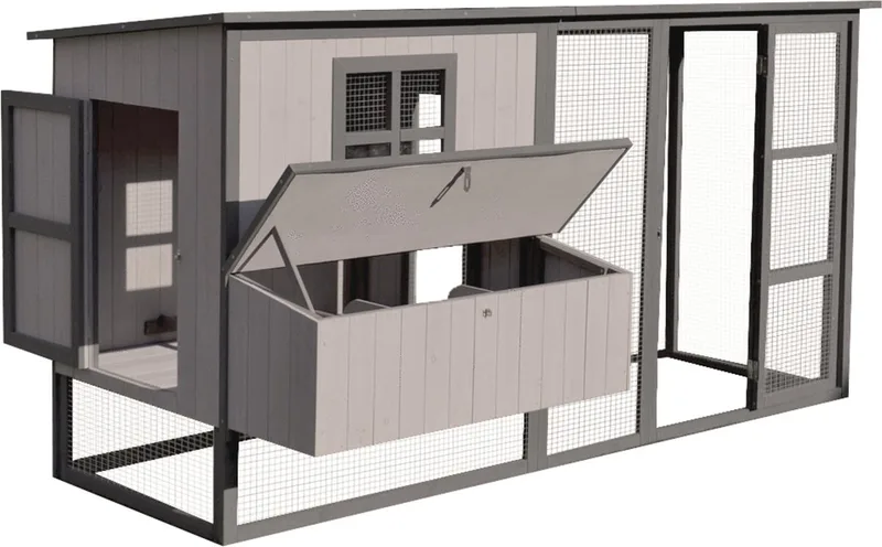 Kippenhok Calypso Cottage - 219 x 100 x 110,5 cm - Houten Hok met Buitenren en Legnest - Ruim, duurzaam en stijlvol de Flamingo en Gris – photo produit