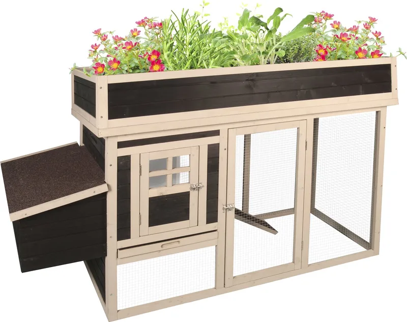 Kippenhok met ren – Kippenren voor buiten – Kippenhok met uitloopren – 168x65x106 cm – Flamingo Kippenren Flora Country de Flamingo en Marron – photo produit