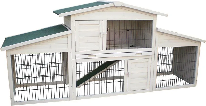 Konijnenhok met ren – Extra groot konijnenhok voor buiten met 2 verdiepingen en nachthok – 222x57,5x100 cm – Flamingo Konijnenhok Villa Scandic Grijs by Flamingo in White – product photo