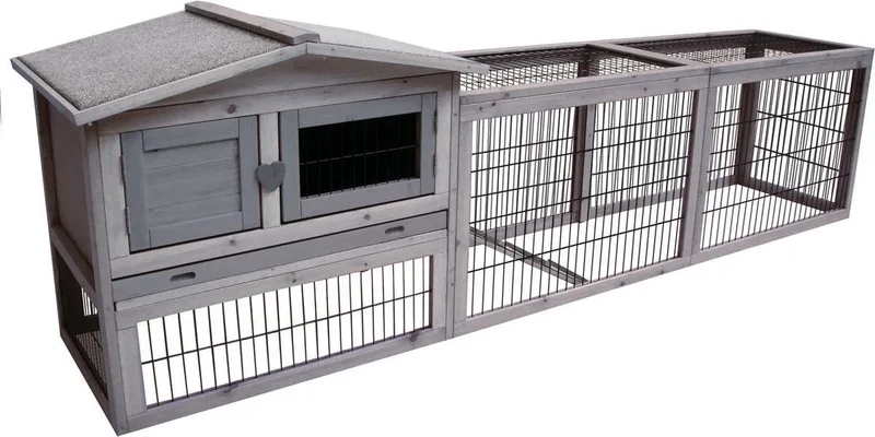 Konijnenhok met ren – Extra groot konijnenhok voor buiten met nachthok en uitloopren – 230x53x70 cm – Flamingo Konijnenhok Jumbo Cottage fra Flamingo i Grå – produktbillede