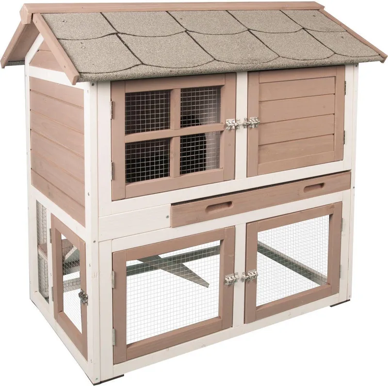 Konijnenhok met ren – Groot konijnenhok voor buiten met 2 verdiepingen en nachthok – 98x64x102 cm – Flamingo Konijnenhok Snug Urban de Flamingo en Marron – photo produit