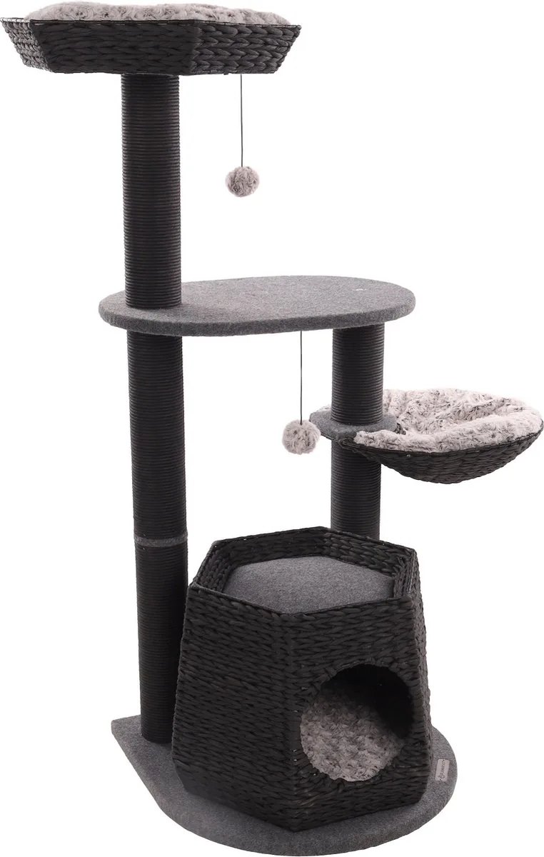 Krabpaal – Flamingo Berliot – 90 × 65 × 118 cm – papieren krabtouw – met hangmat, ligplateaus & schuilplaats – voor katten by Flamingo in Black – product photo