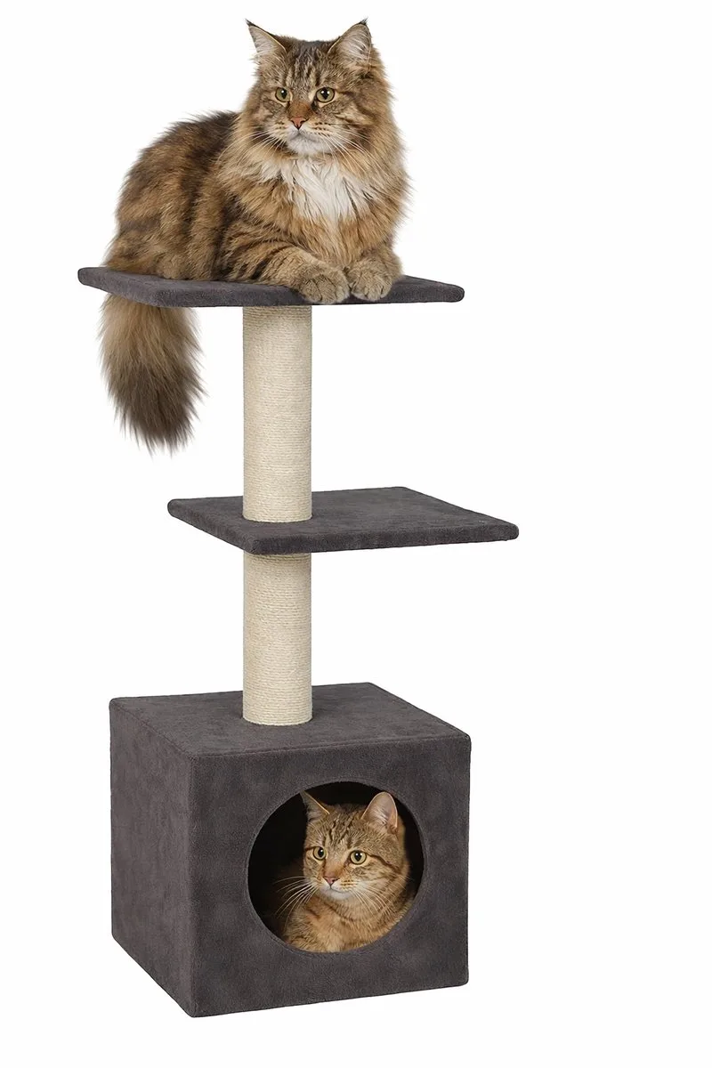 Krabpaal – Flamingo Charmaine – 34,5 × 48 × 99 cm – jute krabpaal – met ligplateaus & schuilplaats – voor katten von Flamingo in Grau – Produktfoto