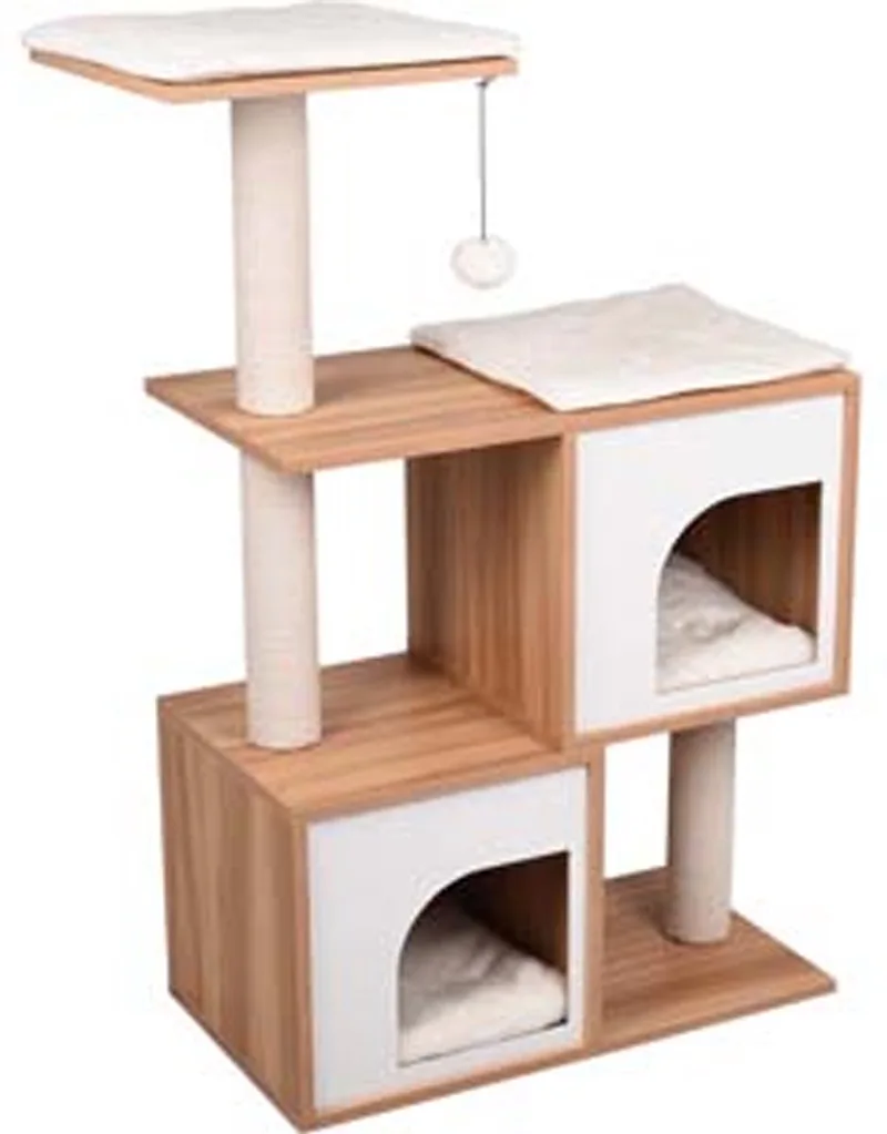 Krabpaal – Flamingo Dana Beige & Ecru & Naturel & Wit – 74x35x107 cm – luxe krabpaal met ligplateaus, schuilplaatsen & speeltje – kattenboom met afneembare kussens – antislip rubber voetjes von Flamingo in Hout – Produktfoto