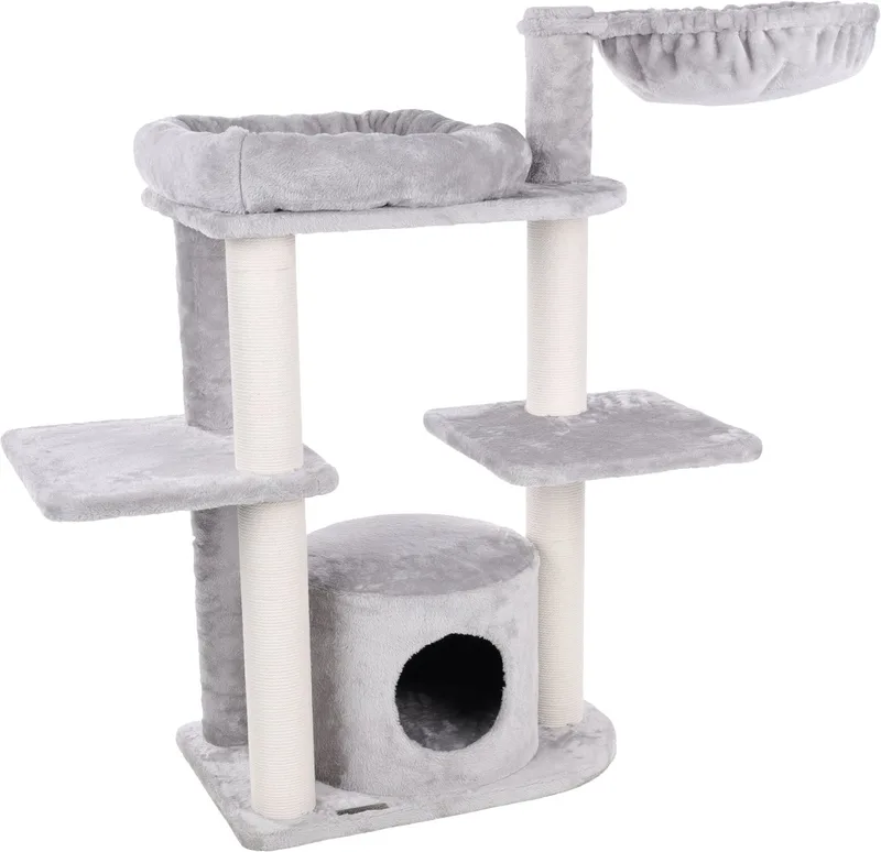Krabpaal – Flamingo Fenway – 119x42,5x104 cm – krabpaal met hangmat, mand & schuilhuisje – kattenmeubel met katoenen krabtouw & pluche bekleding – stevige kattenboom von Flamingo in Grau – Produktfoto