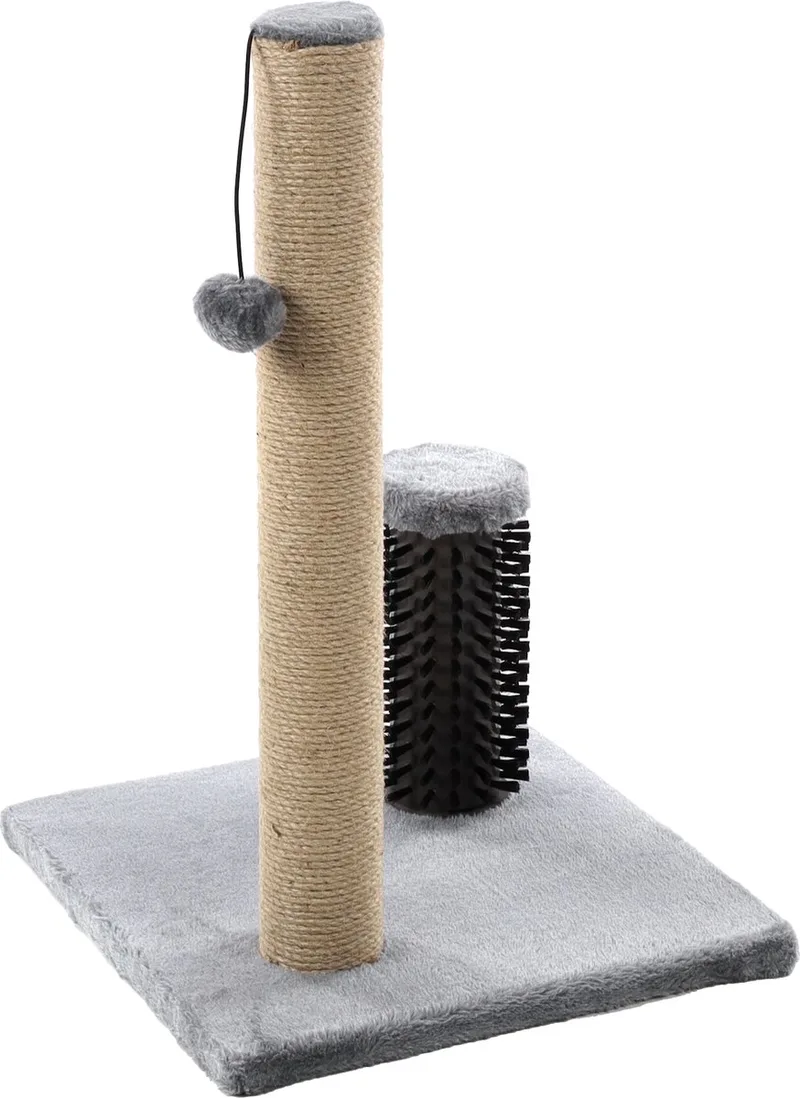 Krabpaal – Flamingo Fico – 39x39x60,5 cm – krabpaal met borstel & speeltje – kattenmeubel met jute krabtouw & pluche bekleding – compacte kattenboom voor katten van alle groottes von Flamingo in Grau – Produktfoto