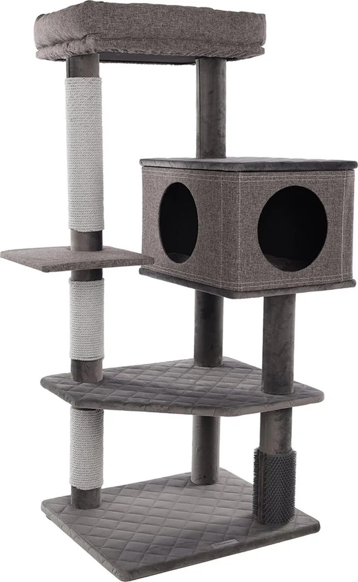 Krabpaal – Flamingo Fulgur – 76x58x125 cm – luxe krabpaal met schuilplaats, mand & massageborstel – kattenmeubel met krabtouw & kussen – voor alle kattenrassen by Flamingo in Grey – product photo