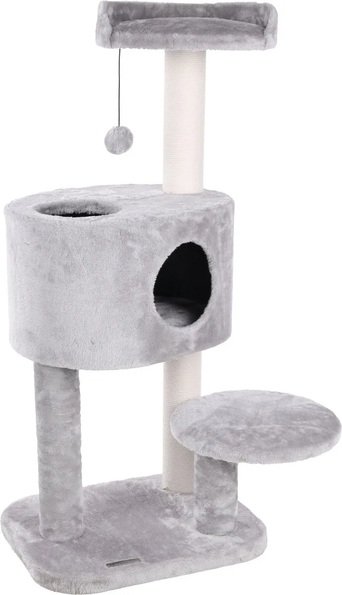 Krabpaal – Flamingo Gatsby – 65x62,5x109 cm – luxe kattenkrabpaal met gewatteerde ligplaatsen & schuilhuisje – kattenmeubel met katoenen krabtouw & speeltje – stijlvolle kattenboom by Flamingo in Grey – product photo