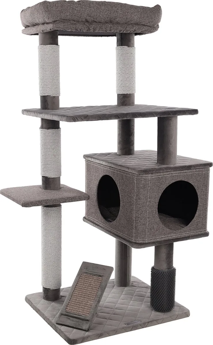 Krabpaal – Flamingo Halo – 76x58x127 cm – luxe krabpaal met mand, krabmat & massageborstel – kattenmeubel met krabtouw & schuilplaats – voor alle kattenrassen de Flamingo en Gris – photo produit