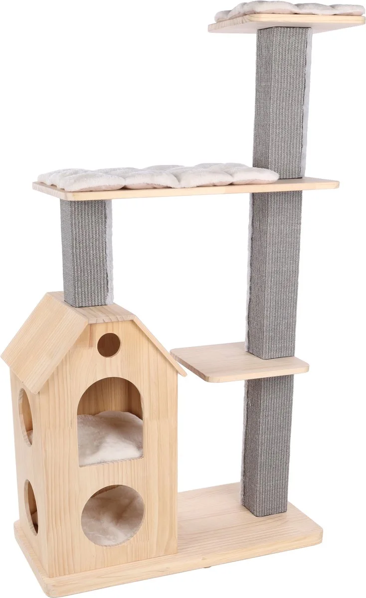 Krabpaal – Flamingo PREMIUM LINE Casandra – 96x40x135 cm – luxe houten krabpaal met ligplateaus & schuilhuisje – krabmeubel met sisal krabmat & wasbare kussens – design kattenboom by Flamingo in Beige, Grey – product photo