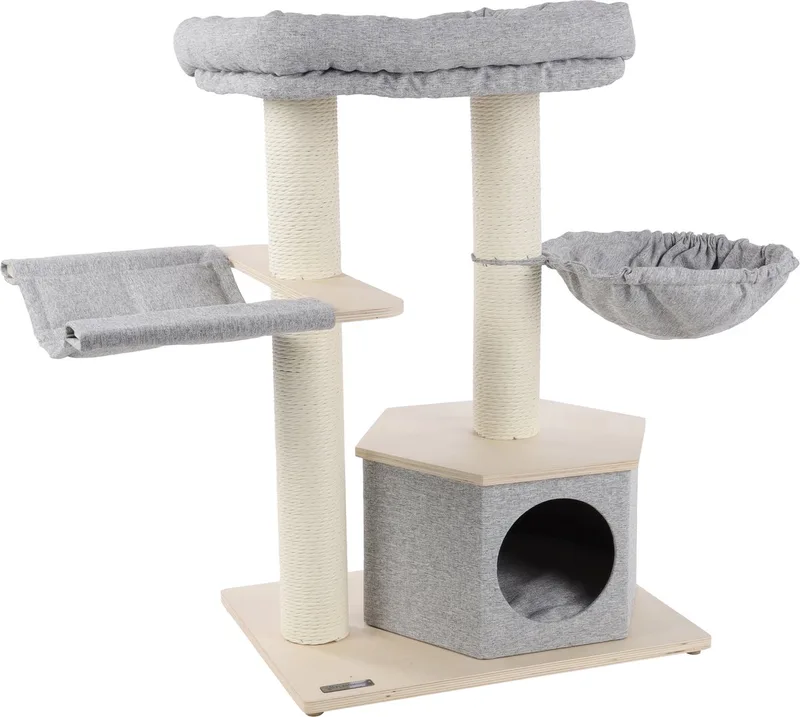 Krabpaal – Flamingo PREMIUM LINE Kaleb – 104x55x88 cm – luxe kattenkrabpaal met hangmatten, ligplateau & schuilplaats – kattenmeubel met papieren krabtouw & wasbare kussens – stijlvolle kattenboom voor alle kattenrassen von Flamingo in Beige, Grau – Produktfoto